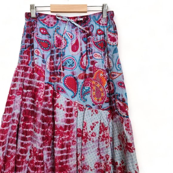 Paisley tiered pink blue dye Maxi Skirt mixed print patchwork - Picture 3 of 13